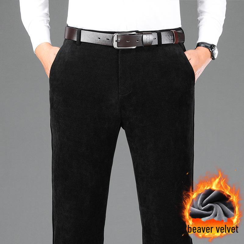 Pantaloni casual groși de catifea reiată de înaltă calitate pentru bărbați - Toamnă/Iarnă, Drepți, Largi, cu Plus de Catifea, Pantaloni Business cu Drapeu
