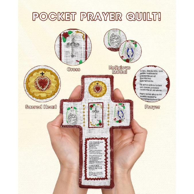 Onism 3Pcs Prayer Quilt with Cross ide,Mini Handcrafted Pocket devotional,Portable Pocket Shrine Catholic, Christian Gifts for Catholic