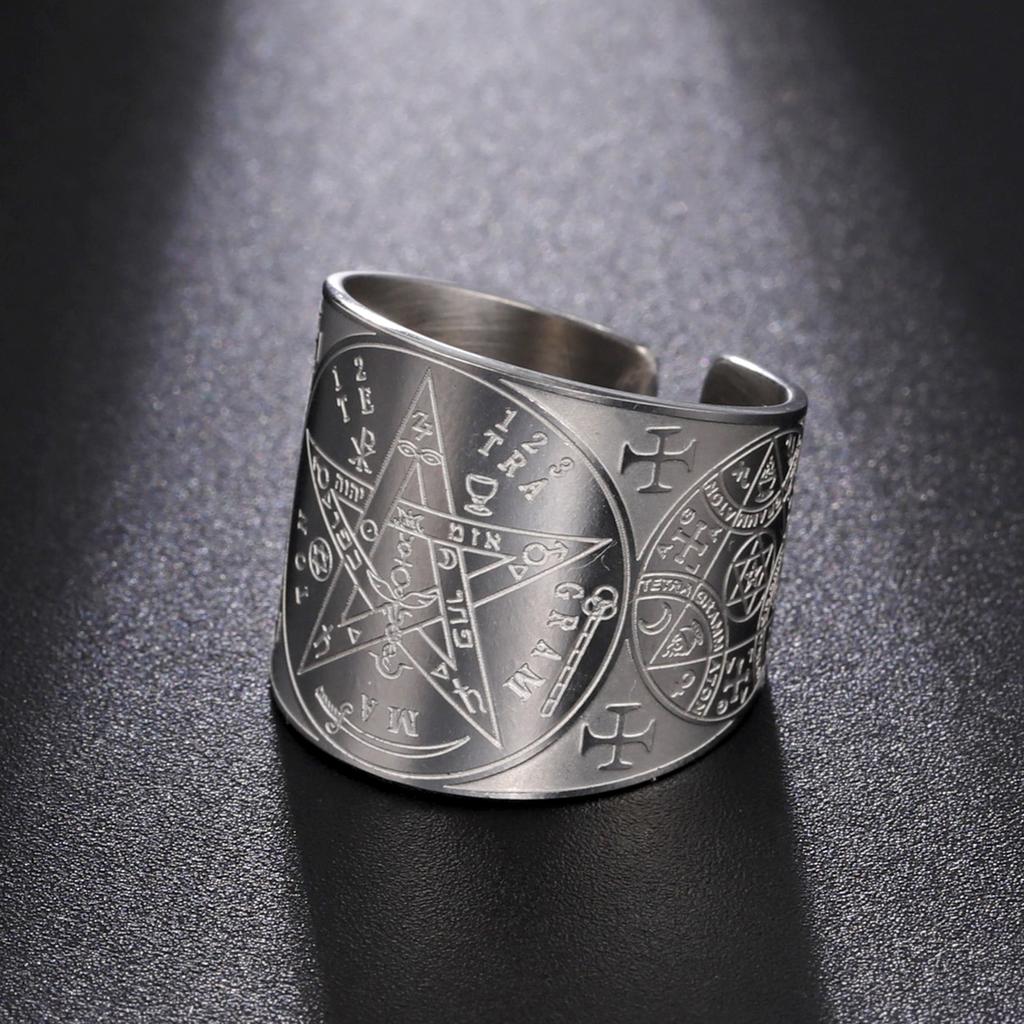 LIKGREAT Amulett Schutzring Tetragrammaton Pentagramm Fingerringe für Männer Frauen Edelstahl Schmuck Hexerei Pagan Geschenk