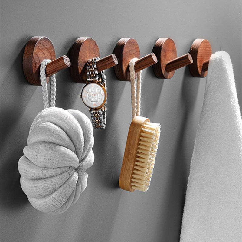 Simple Beech Walnut Wood Hook Hanging Hanger Punch Free Wall Hooks Bedroom Coat Storage Rack Home Towel Key Decoration Hook