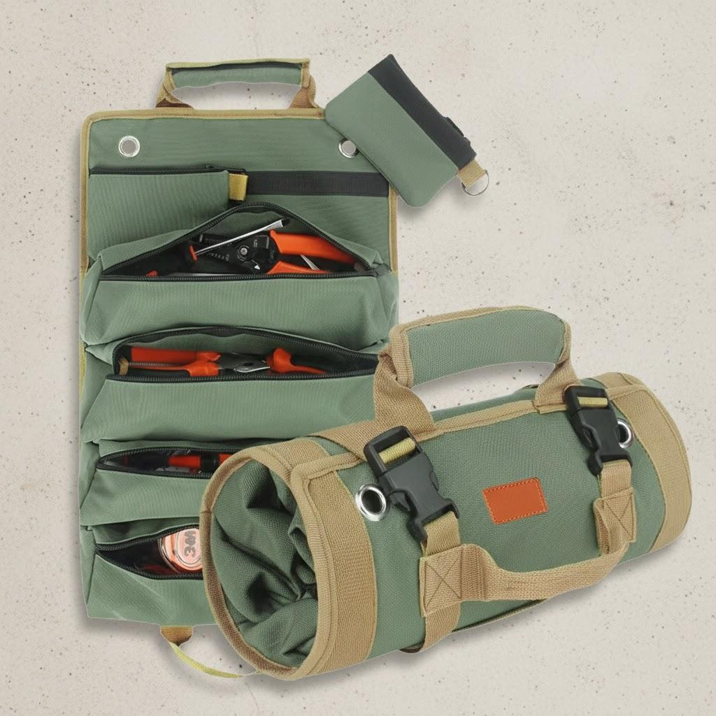 

Heavy Duty Roll Up Tool Bag Portable Foldable Organizer with 2 Small Pouches for Mechanics and DIY Projects зелений