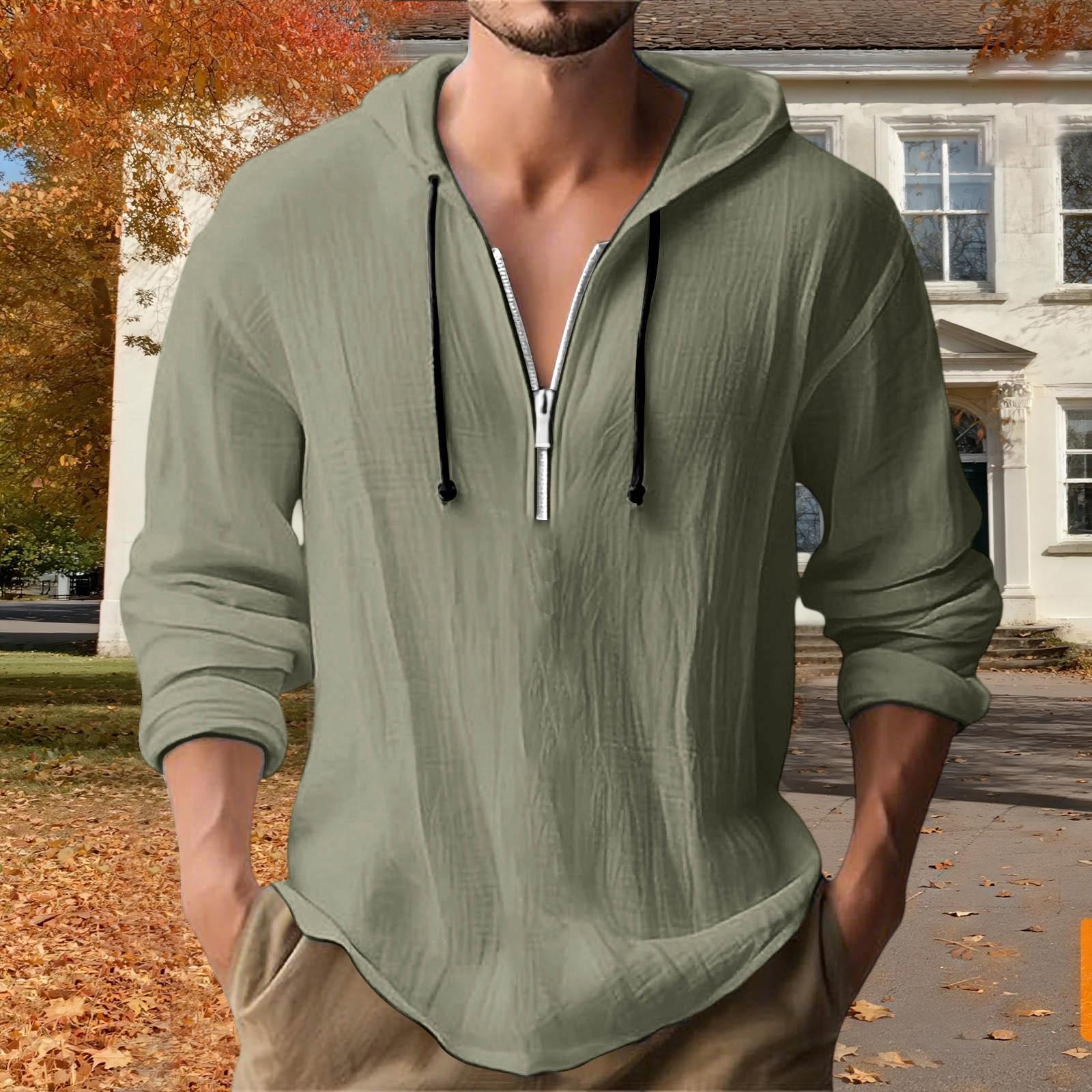 

Men s Linen - Cotton Quarter - Zip Hoodie - Casual Loose Fit Sporty Top XXL
