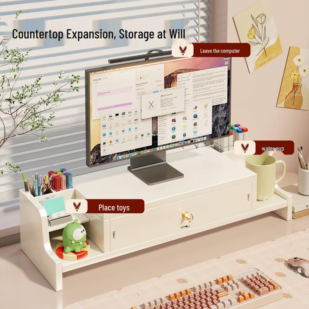 Desktop Monitor Stand with Drawer and Storage Shelf