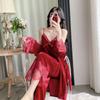 Golden Velvet Pajamas Women's Autumn and Winter Pure Desire Sexy Lace Suspender Three-piece Set with Chest Pad Long Sleeve Warm Loungewear