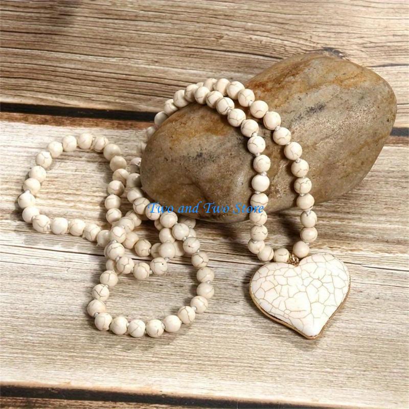 HX6F Bohemian Turquoise Heart Pendant Necklace for Women Vintage Sweater Chain