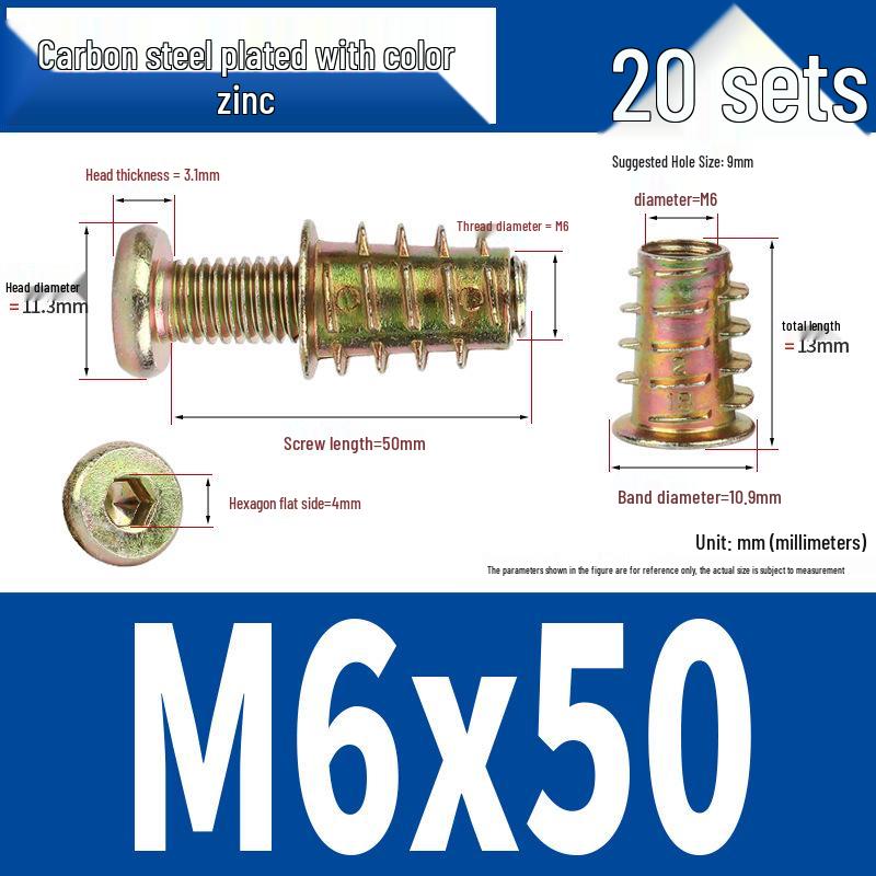 Flat Head Hex Socket Screws & Pre-embedded Nut Set for Wooden Bed Connectors