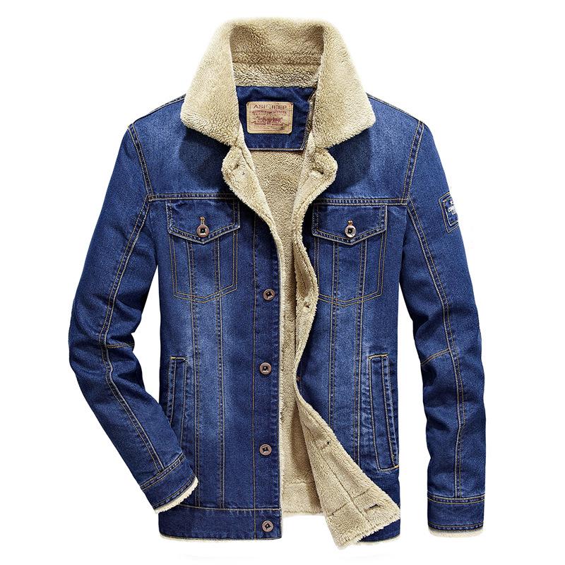 Men's Plus Size American Style Denim Jacket with Velvet Lining - Autumn/Winter, Loose Fit, Multi-Pocket, 7X