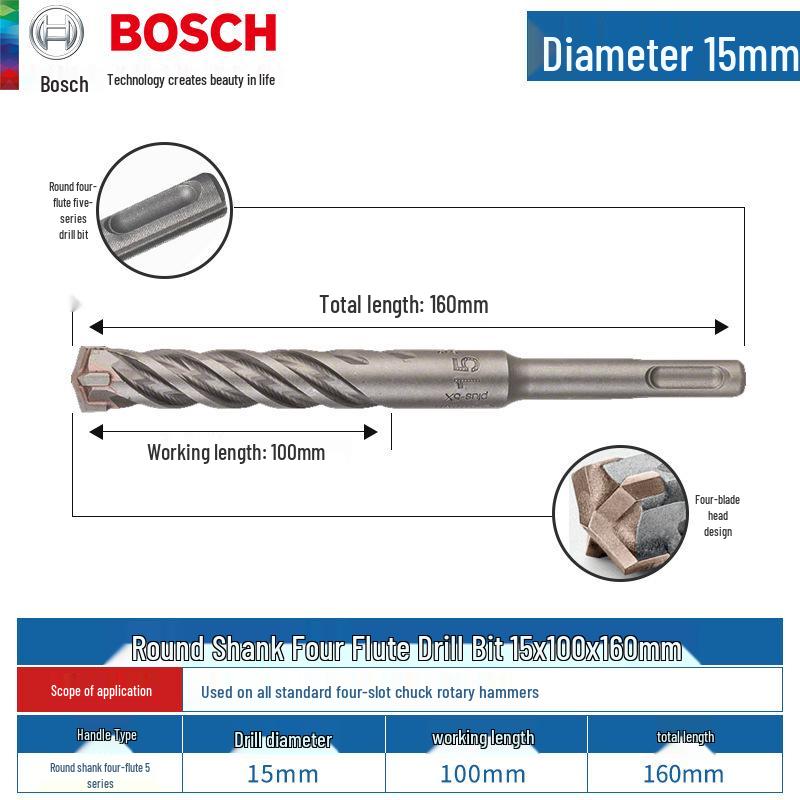 Bosch 5-Series Electric Hammer Drill Bit, Four-Groove, Cross Wall-Penetrating, Extended Length, Round Shank for Concrete.