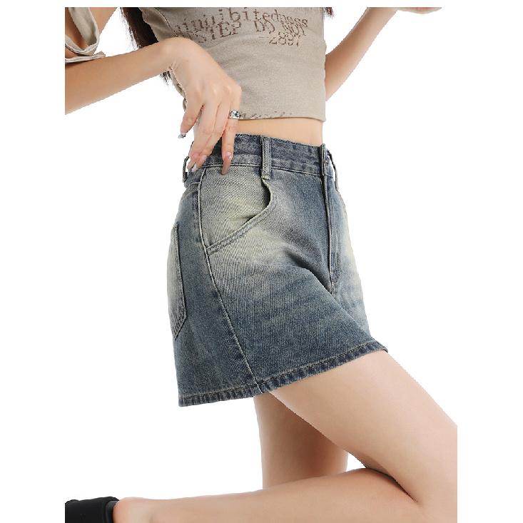 Blue Denim A- Line Mini Skirt Women'S High Waist Slimming Summer New Style Prevent Exposure Personality Wrap Around Short Skirt