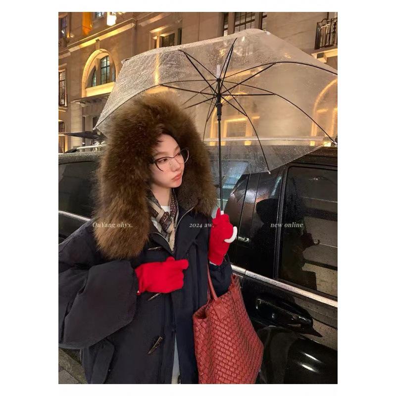 Big fur collar thickened warm versatile horn buckle cotton jacket women's winter loose short hooded tooling pie overcome