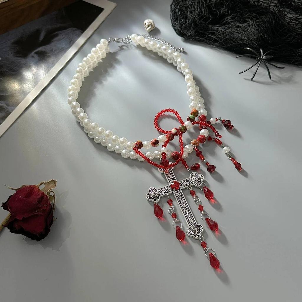 Salircon Goth Imitation Pearl Red Crystal Blood Drop Tassel Necklace Women Exaggerated Big Cross Pendant Chain Halloween Jewelry