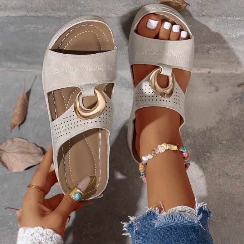 Outer size large size summer slope heel cool slippers sewing line thick bottom women's fashion open-toed beach one-word slippers