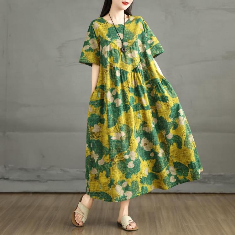 Summer Floral Maxi Dress Women Plus Size Vintage Linen Loose Elegant Basic Casual Dress New