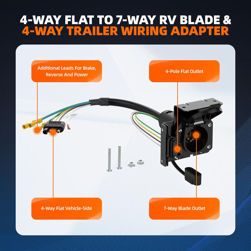 4 Way To 7 Way RV Blade & 4 Way Flat Trailer Wiring Adapter Dual Output Connector Kit with Mounting Bracket for Truck RV Trailer