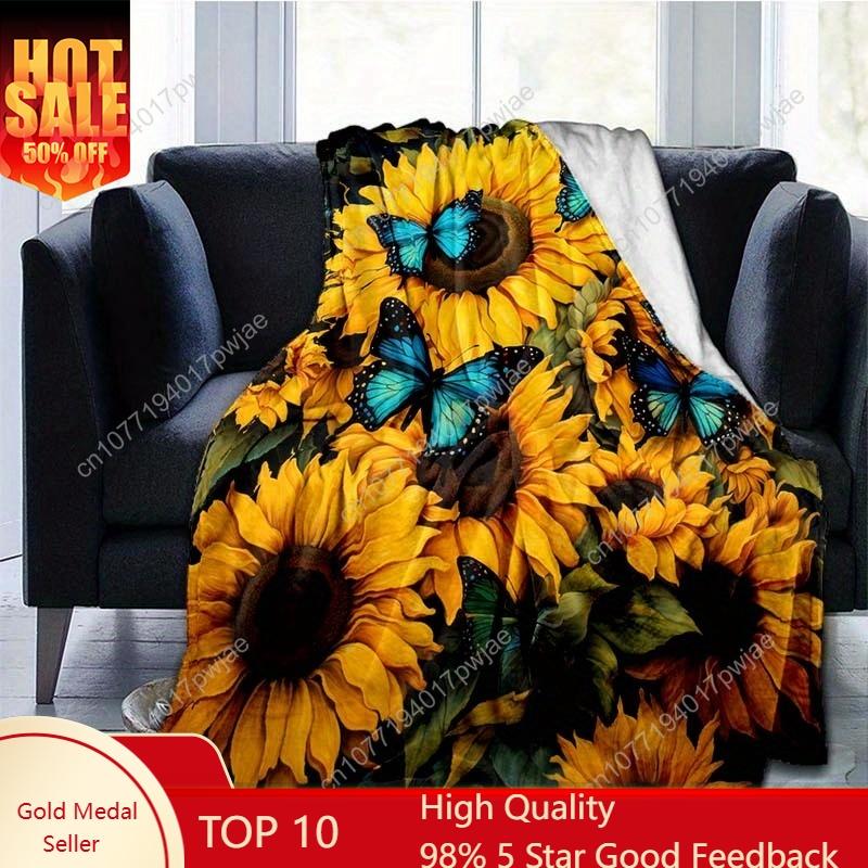 1pc Sunflowers And Blue Butterfly Thin Blanket - Lightweight Flannel Throw For Sofa, Bed, Travel, Camping, Livingroom, Office, C 75X95CM