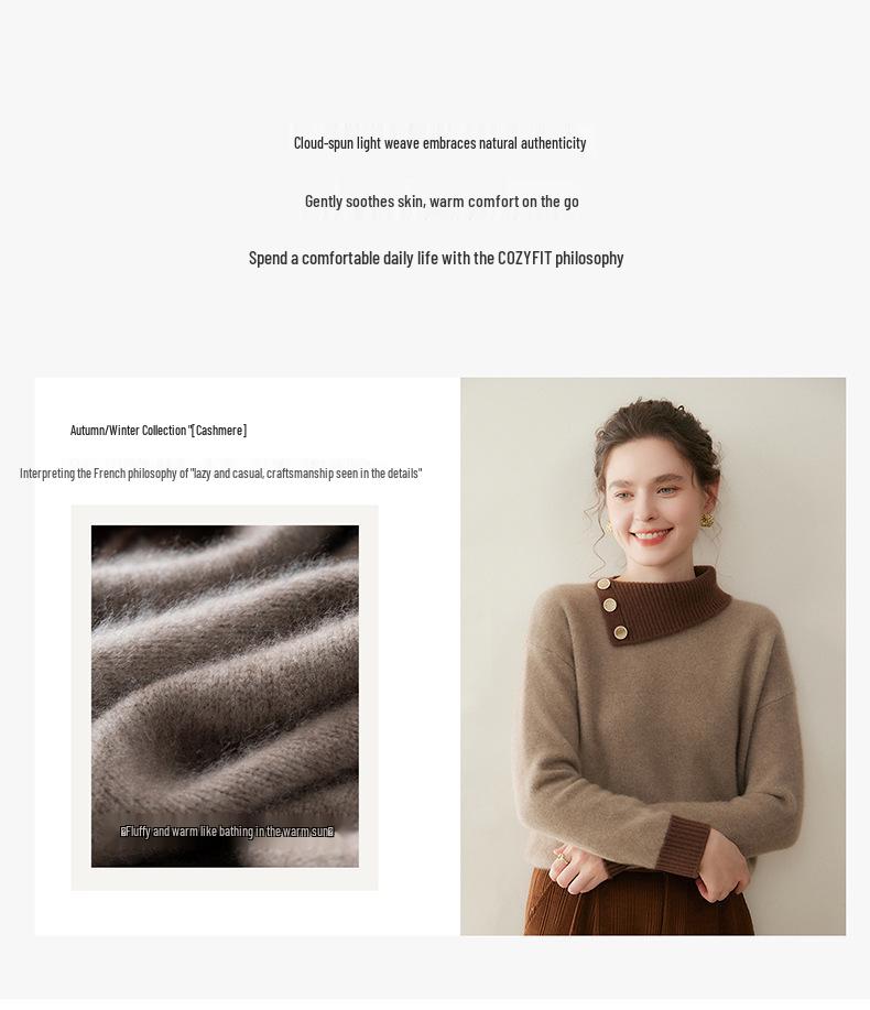 Autumn-Winter Gemstone Button Color Block Cashmere Knit Women's Sweater