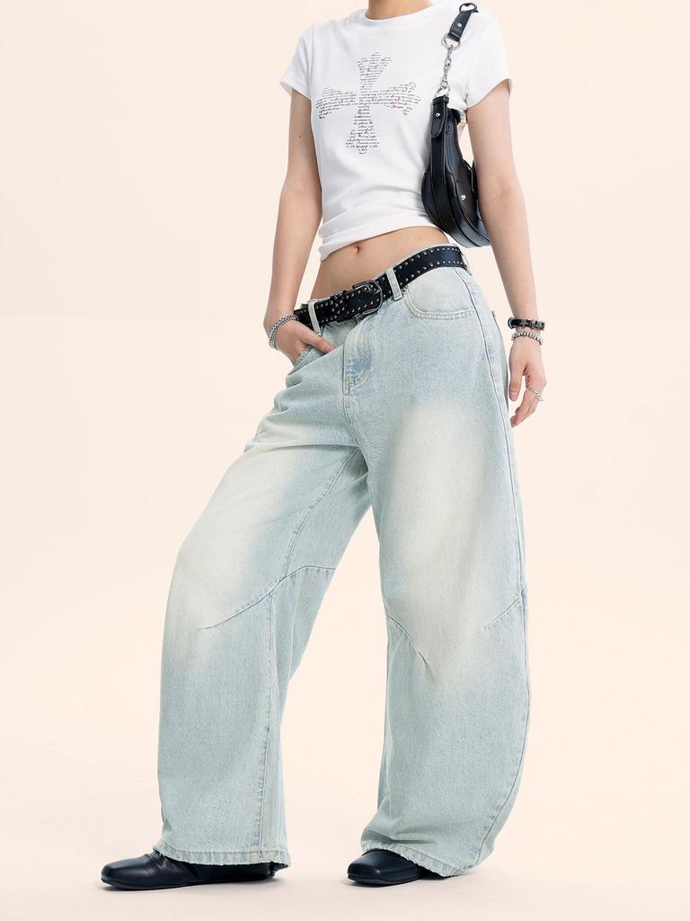 Yongfang Retro Light Blue Curved Leg Unisex Jeans - Trendy Loose-Fit Wide-Leg Pants