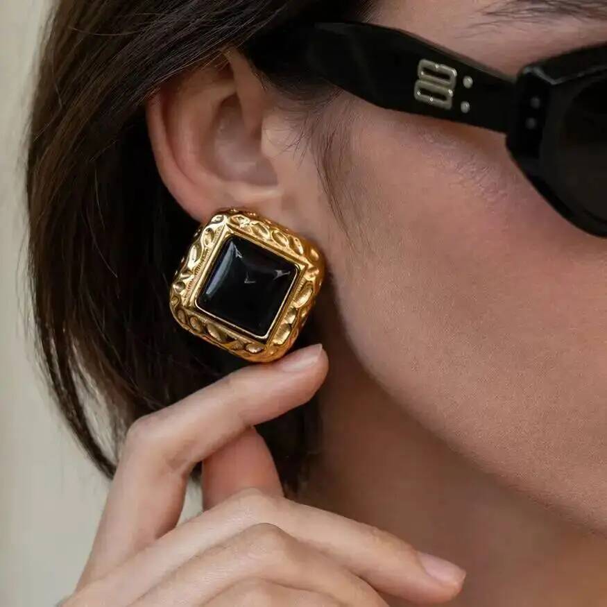 SHIXIN Vintage Red Black Resin Square Earring Women 2026 New 18K Gold Plated Stainless Steel Stud Earring Statement Jewelry Gift