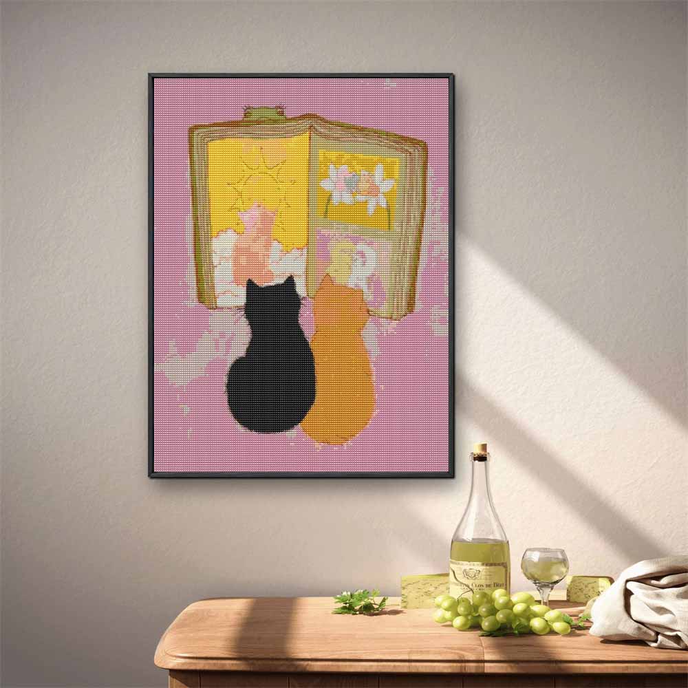 Diamond Painting Kit with Frame Cute Cats Reading Book Art 5D Full Drill Rhinestones Embroidery 30x40cm Living Room Bedroom Wall Decor Gift for Her