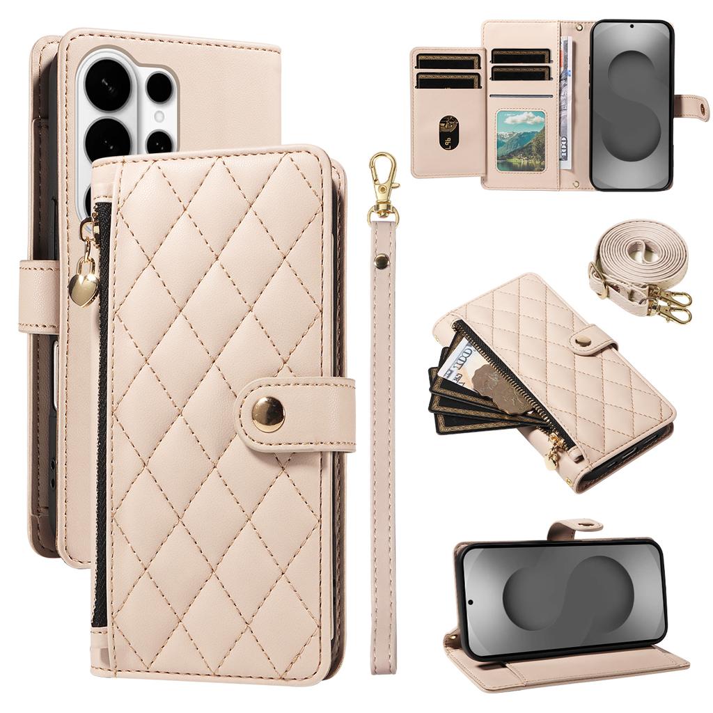 For Samsung Galaxy S26 Ultra Wallet Case with Straps, Rhombus Leather Stand Phone Cover