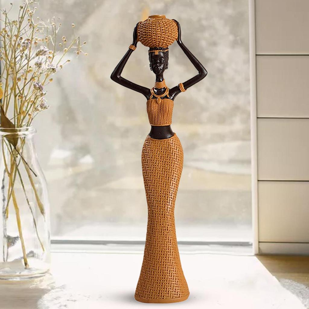 African Woman Figure Table Sculpture Handmade Retro Weave Pattern Decorative for
