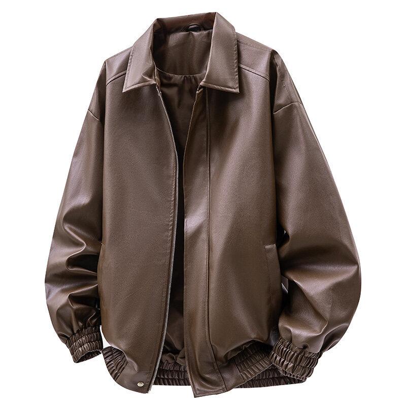 Amerikanische Motorradlederjacke Herren Frühling und Herbst Einfarbig Lässig Vielseitig Revers Kurzlederjacke