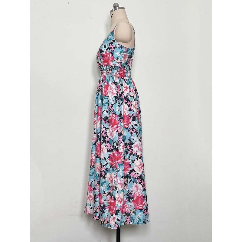 Summer Floral Printing Suspender V-neck Dress Women Elegant Loose Slim Waist Holiday A-line Party Dresses Sleeveless Fashion Casual Women's Clothing