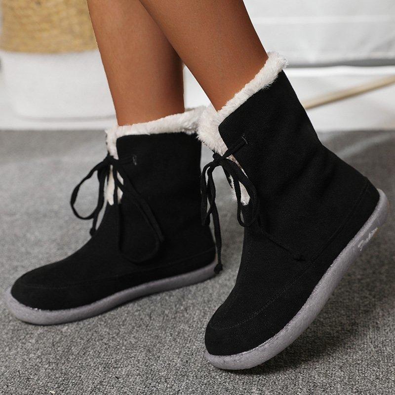 Large Size Flat Short Boots Women's 20 Winter New Two-wear Lace-up Suede Warm Snow Boots