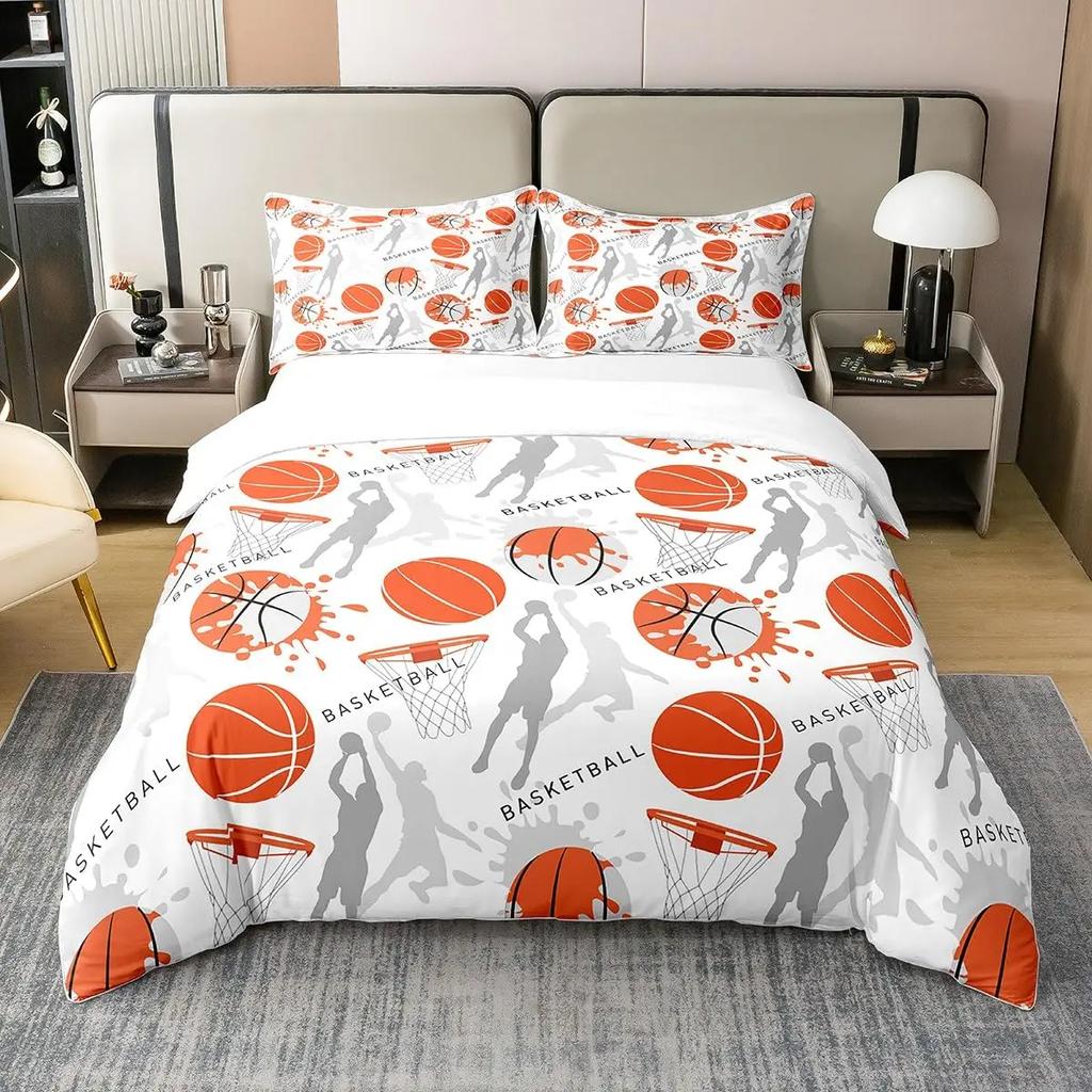 Basketball Court Print Bedding Set Queen Size,Ball Sports Games Themed Duvet Cover, Boys Game Room Decor Comforter Duvet Cover