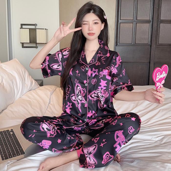 

Винтажный принт бабочки Женские пижамы Комплекты для отдыха Лето Осень Пижамный комплект с отложным воротником Искусственный шелк Атлас Короткий рукав Женская пижама Домашняя одежда XXL