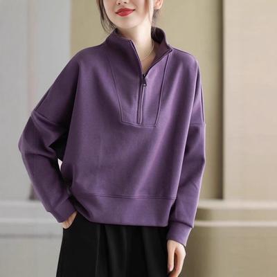 Women's Stand Collar Half Zip Sweatshirt Loose Fit Long Sleeve Pullover Casual Top Plus Size