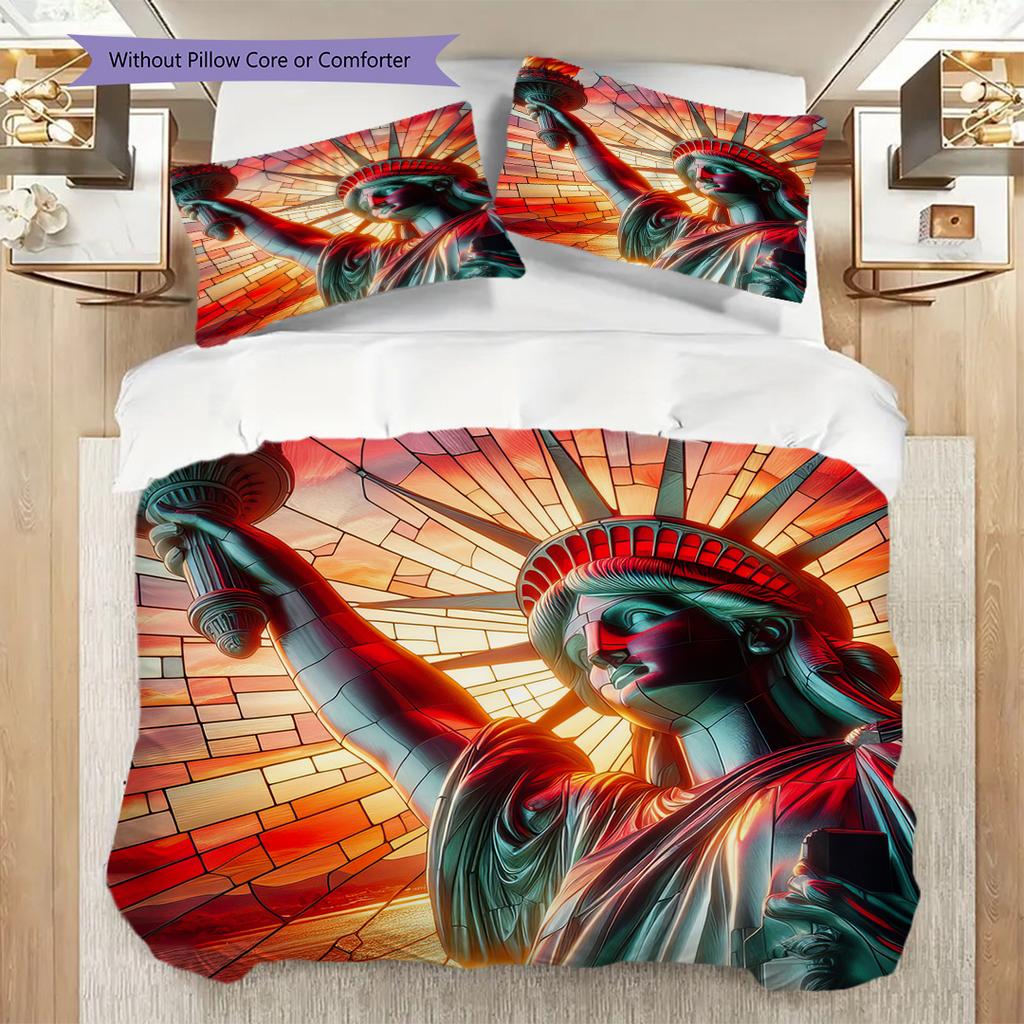 Patriotic Theme Statue of Liberty Bedding, Duvet Cover, Pillowcase, Home Decoration, Birthday Gift (1 * Duvet Cover+2 * Pillowcase, Coreless)