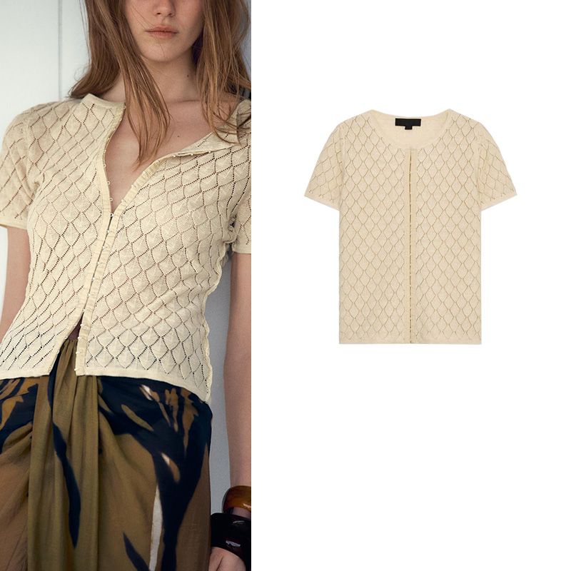 Summer Women's Clothing Fashion Style Metal Hook Ornament Texture round Neck Short Sleeve Simple Knitting Outwear 4192044