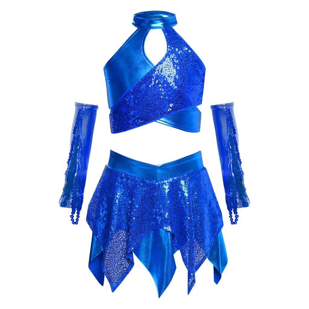 Dívčí kostým pro jazzový tanec s křížovým výstřihem, třpytivými flitry, metalickým zkráceným topem a asymetrickou sukní