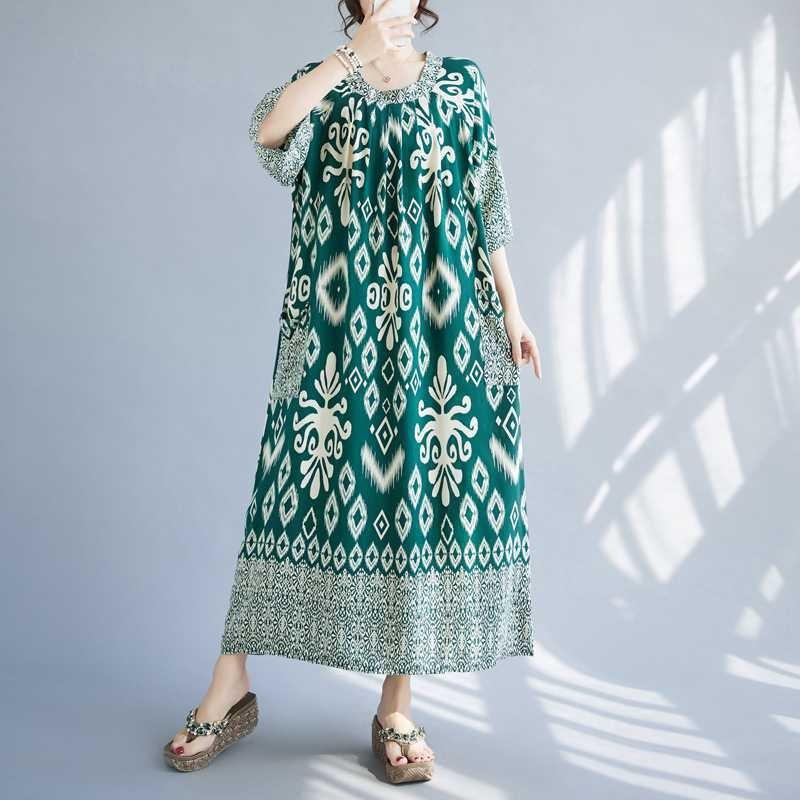 Summer New Temperament V-neck Mid-length Dress Retro Printing Loose Dresses