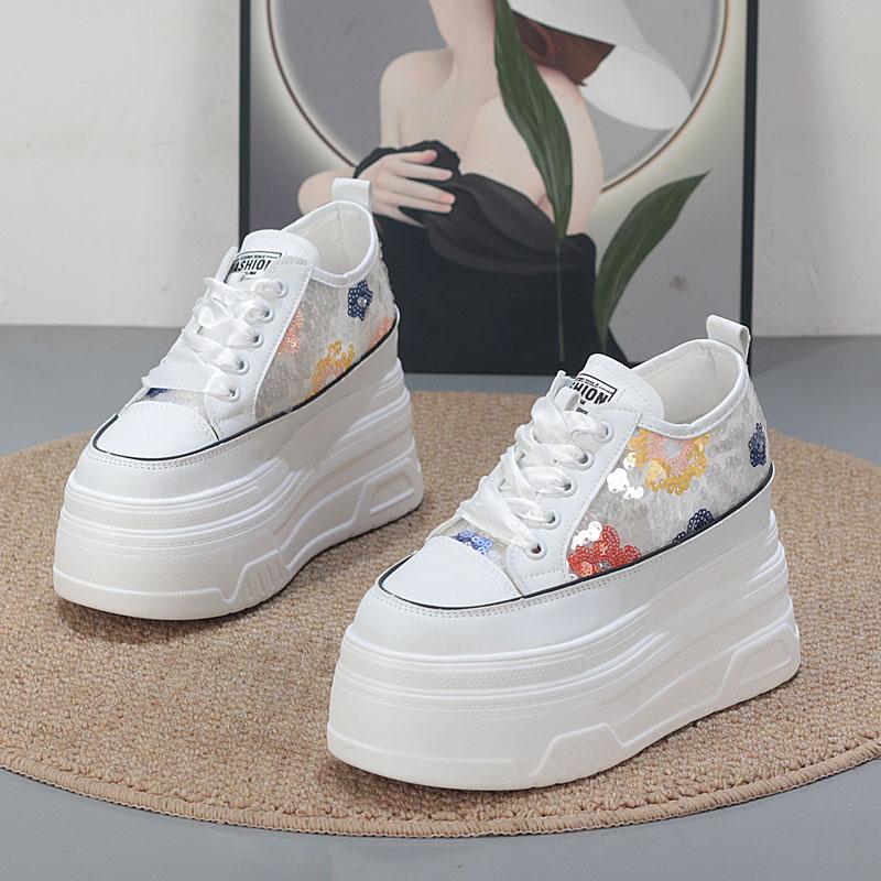 Fashion 10CM Air Mesh Microfiber Leather Fashion Summer Chunky Sneaker Lace Up High Brand Comfy Booties Bling Shoes Women