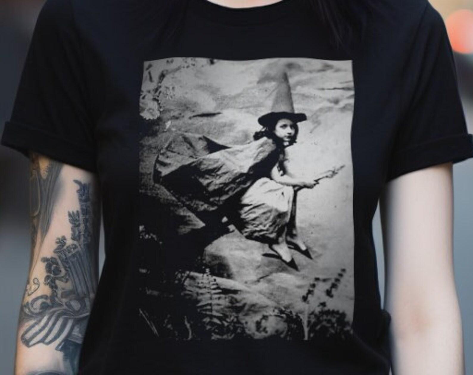 Vintage Witch Girl on Broom Shirt | Soft Cotton Tee | Witchy Wicca Top | Gothic Style | Halloween Fashion | Unisex | Spellbinding Apparel S