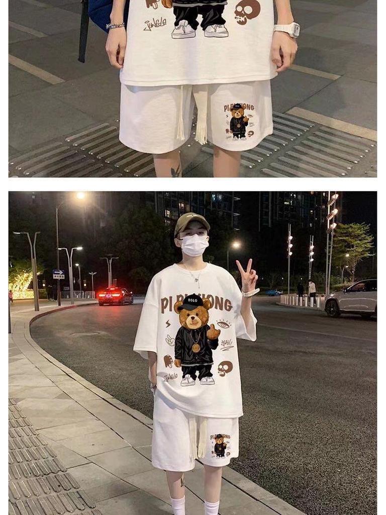 Hong Kong Style Men's Cartoon Short-Sleeve & Shorts Sports Casual Set