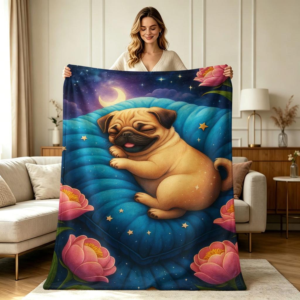 Soft Cozy Flannel Throw Blanket with Sleeping Pug Dog Night Sky Floral Moon Star Print All Season Warm Lightweight Blanket for Couch Sofa Bed Living R