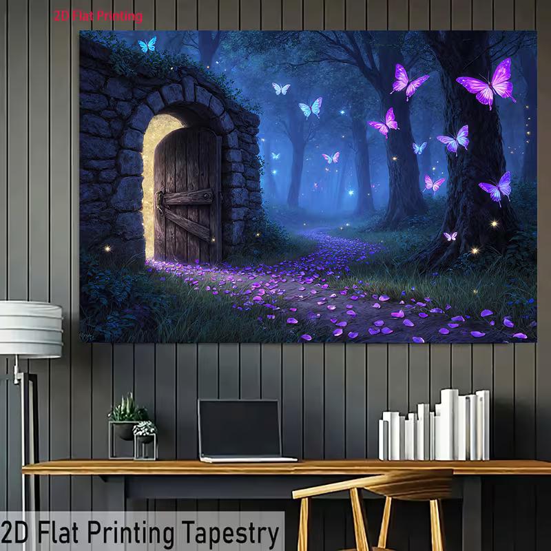 2D Enchanted Forest Backdrop Banner, Magic Door and Purple Butterflies Decor