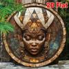 Afrikaanse Godin Wandkunst 8x8 Inch Rond Hout Mozaïek Geometrische Patronen Gouden Accent Vintage Afrikaans Masker Woondecoratie