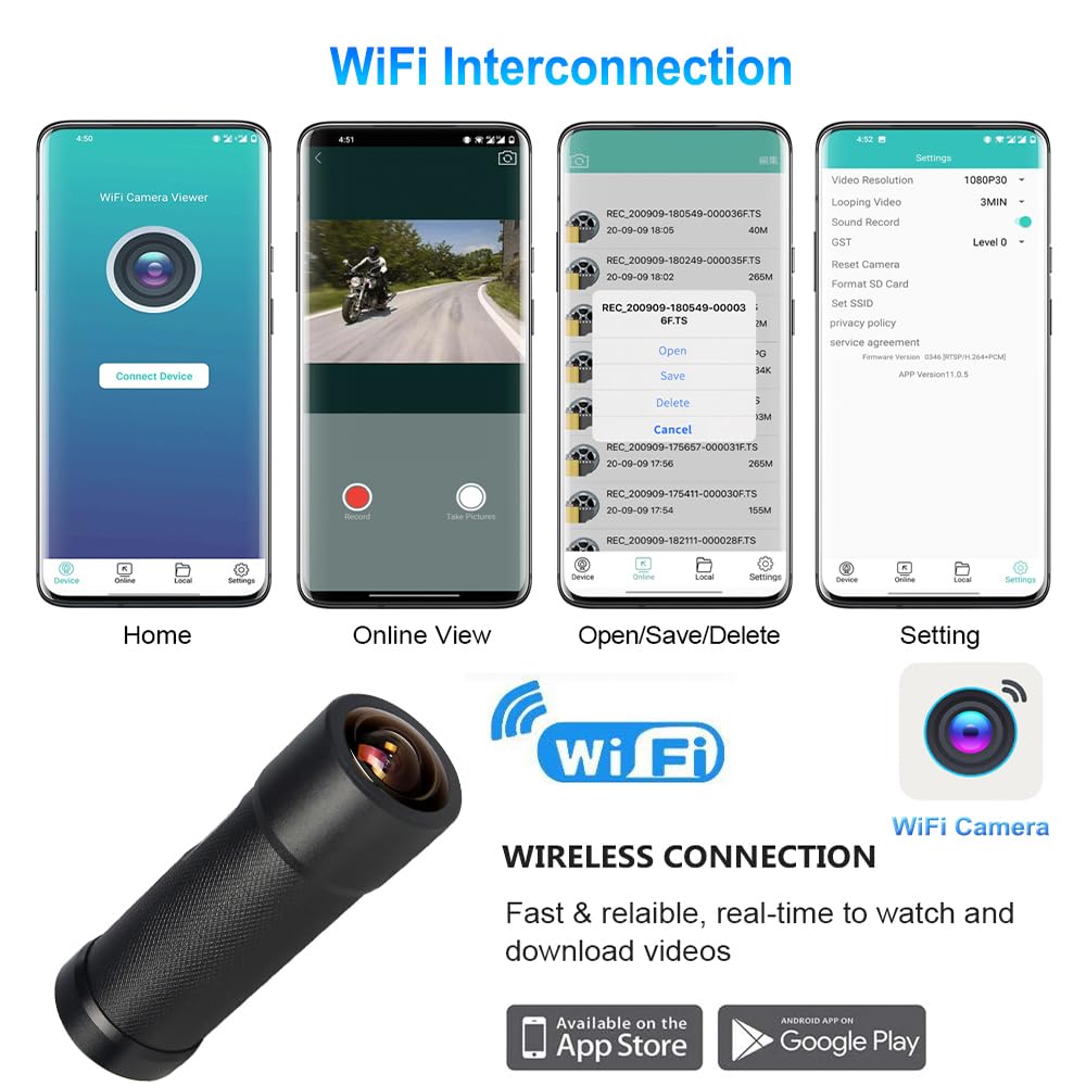 Motorcycle Dash Cam 170° Wide Angle Continuous Recording Remote Control Table Light with Cable