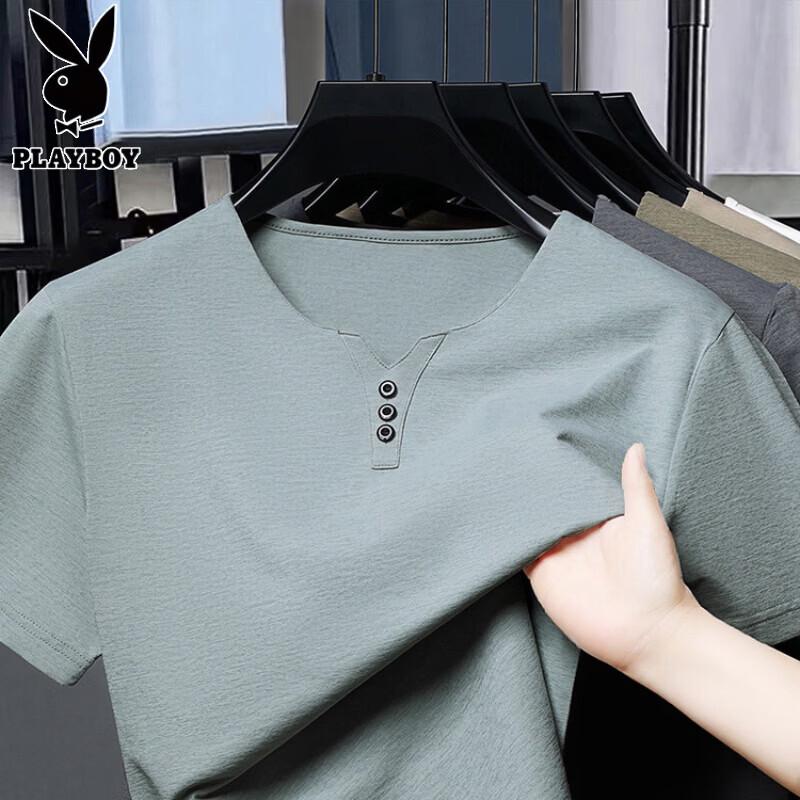 Playboy Men s V-Neck Pleated Short Sleeve T-Shirt XL