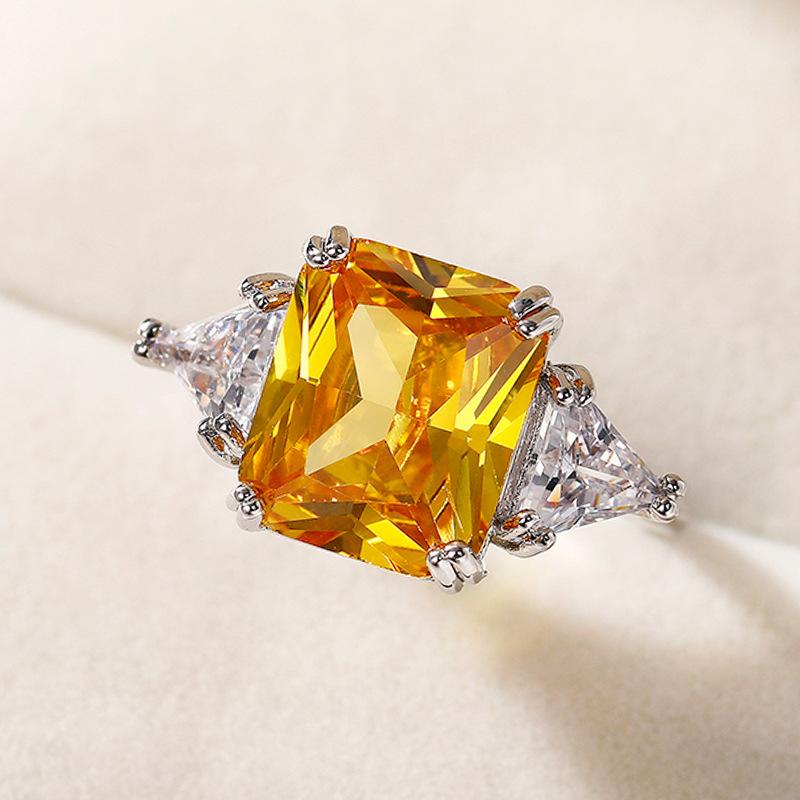 Internet Celebrity Female Ring, Imitation Citrine Colored Treasure Zircon Ring Female, Ice Flower Sugar Cube Temperament Ring