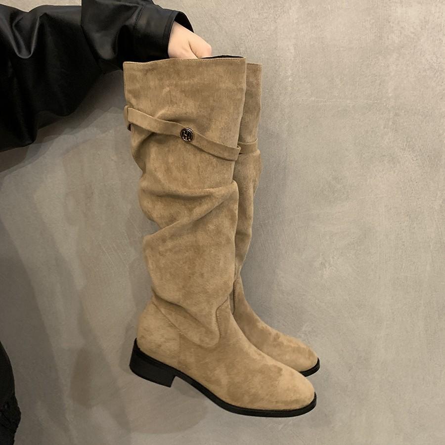 Suede Skinny Boots Khaki Pile Knight Boots Women's 2025 New Autumn and Winter Skinny Tall Heel Long Boots