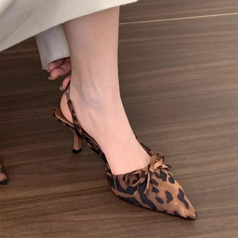 Women's Pointed Tip Leopard High Heels Trend Elegant Womens Heeled Sandal Temperament Stiletto High Heels Baotou Sandalias Mujer