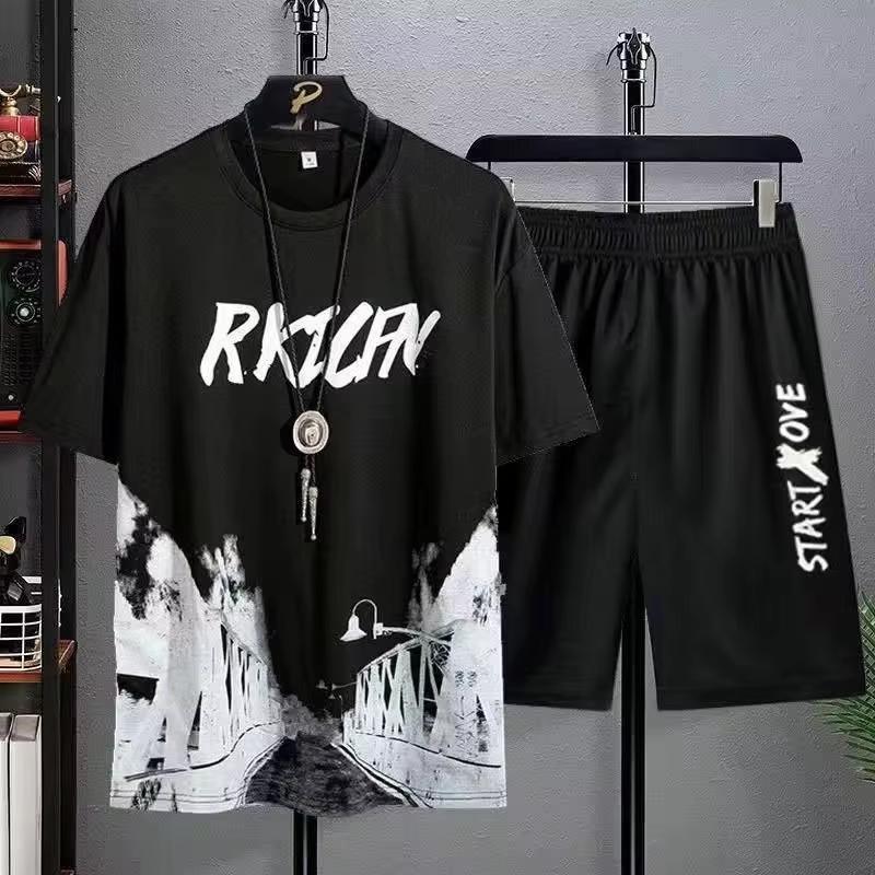 Men's Sets 2025 Summer Fashion T Shirts Casual Polyester Gradient Shorts Set Men's Sporty Two-piece Outfit Basketball Tracksuits