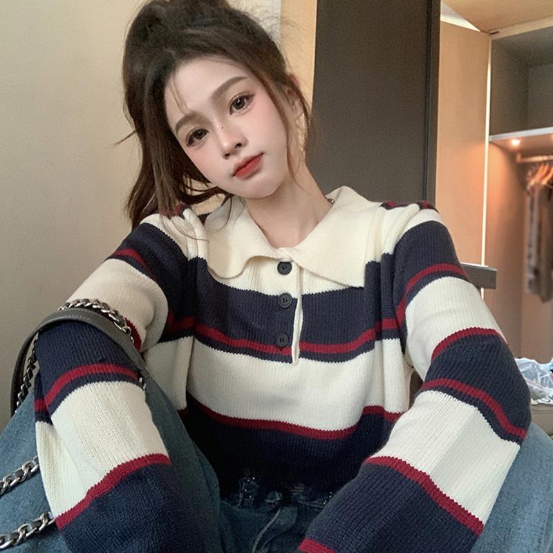 

Полосатые укороченные джемперы с кисточками, винтажные осенние пуловеры, женские повседневные свободные вязаные свитера с отложным воротником контрастного цвета One Size