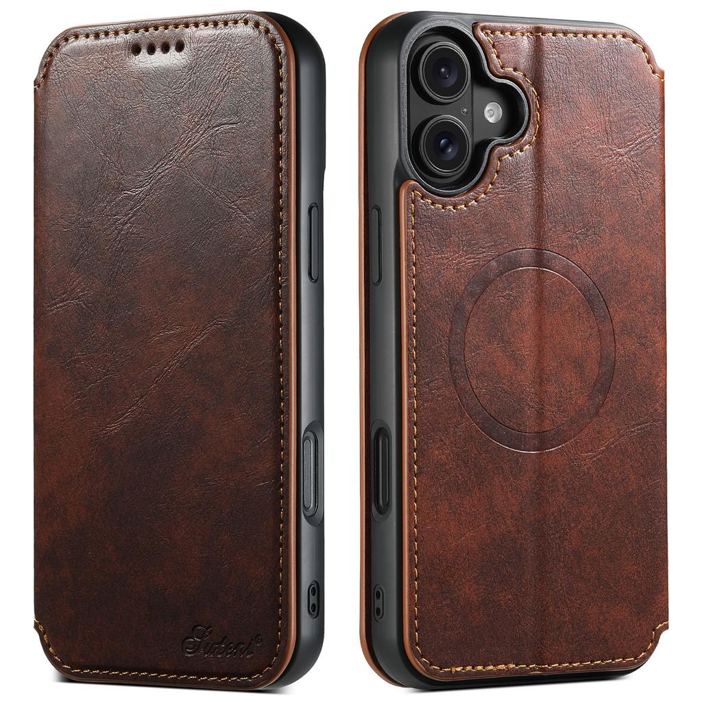 SUTENI J06 For iPhone 16 Plus Case Compatible with MagSafe Textured PU Leather Flip Phone Cover