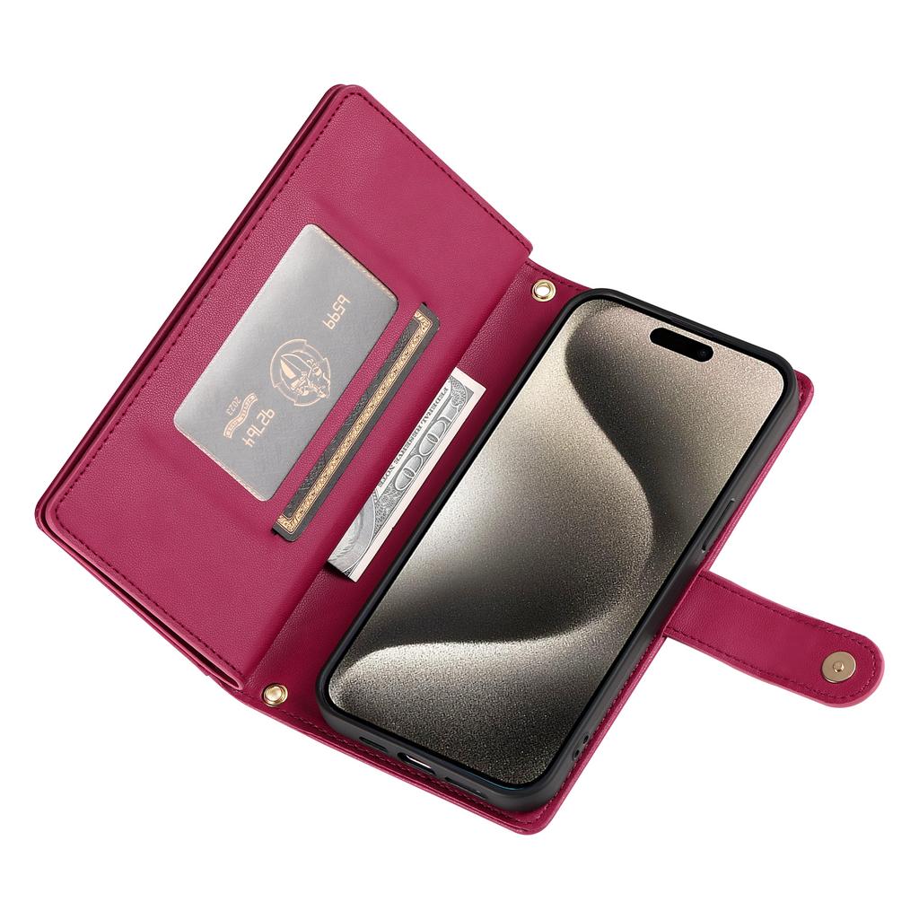 DF-011 For iPhone 15 Pro Max Leather Case Zipper Wallet Crossbody Phone Cover Stand View